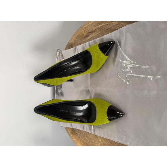 Giuseppe Zanotti Lime Green NWB Suede Black Patent Cap Toe Pointed Pumps Size 5 - Picture 4 of 14